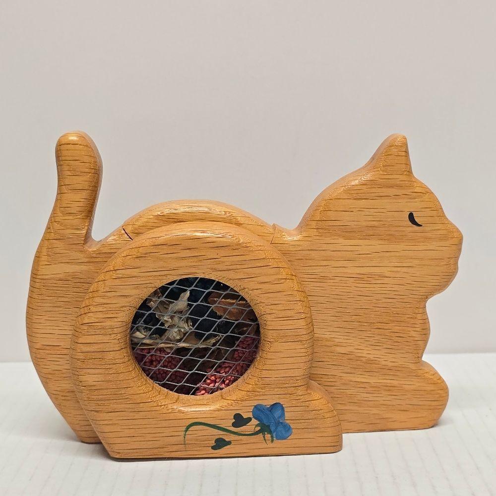 Vintage Wooden Cat Incense Holder Figurine